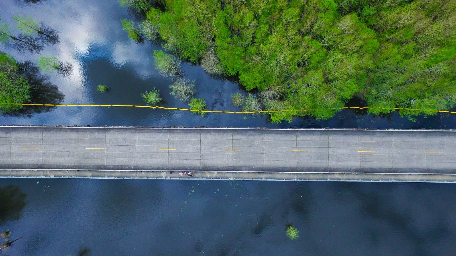 An aerial view of a highway crossing Louisiana wetlands